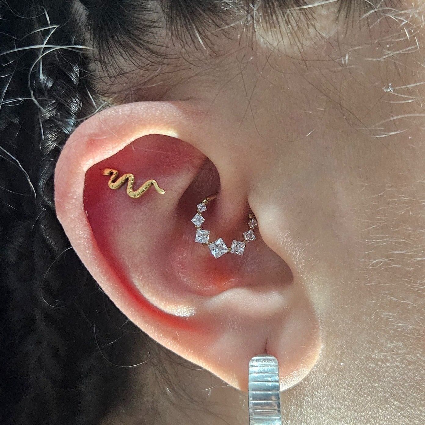 Piercing hélix et tragus réalisé par Lila